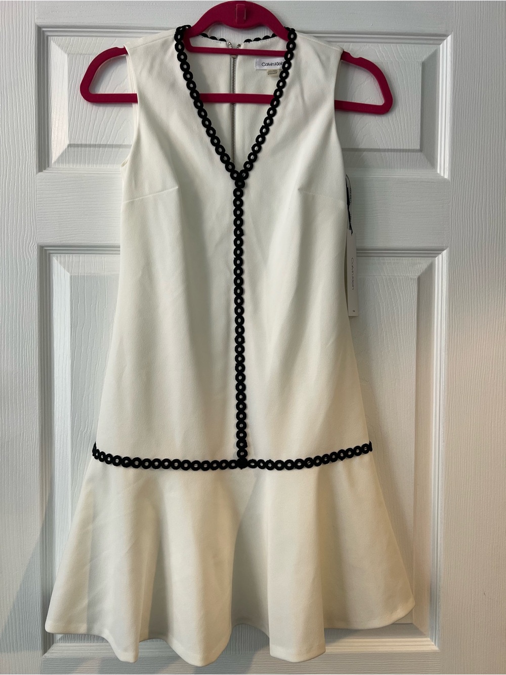 Calvin Klein White Dress with Black Loop Trim and Pink Accents - Picture 3 of 6